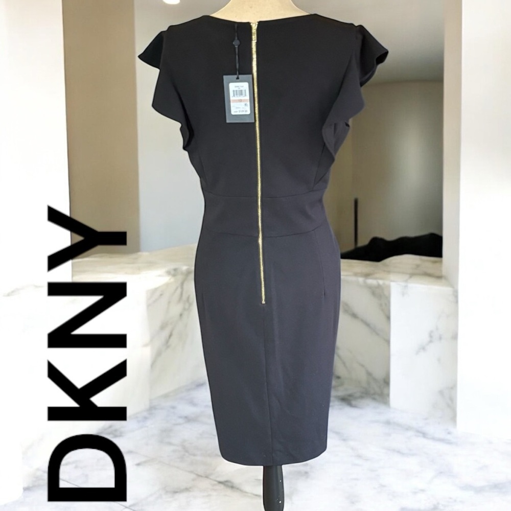 DKNY-NWT Size 12 Black A-Line, Flutter
Sleeve Sheath Dress Back Gold Zipper NEW! - Picture 3 of 13
